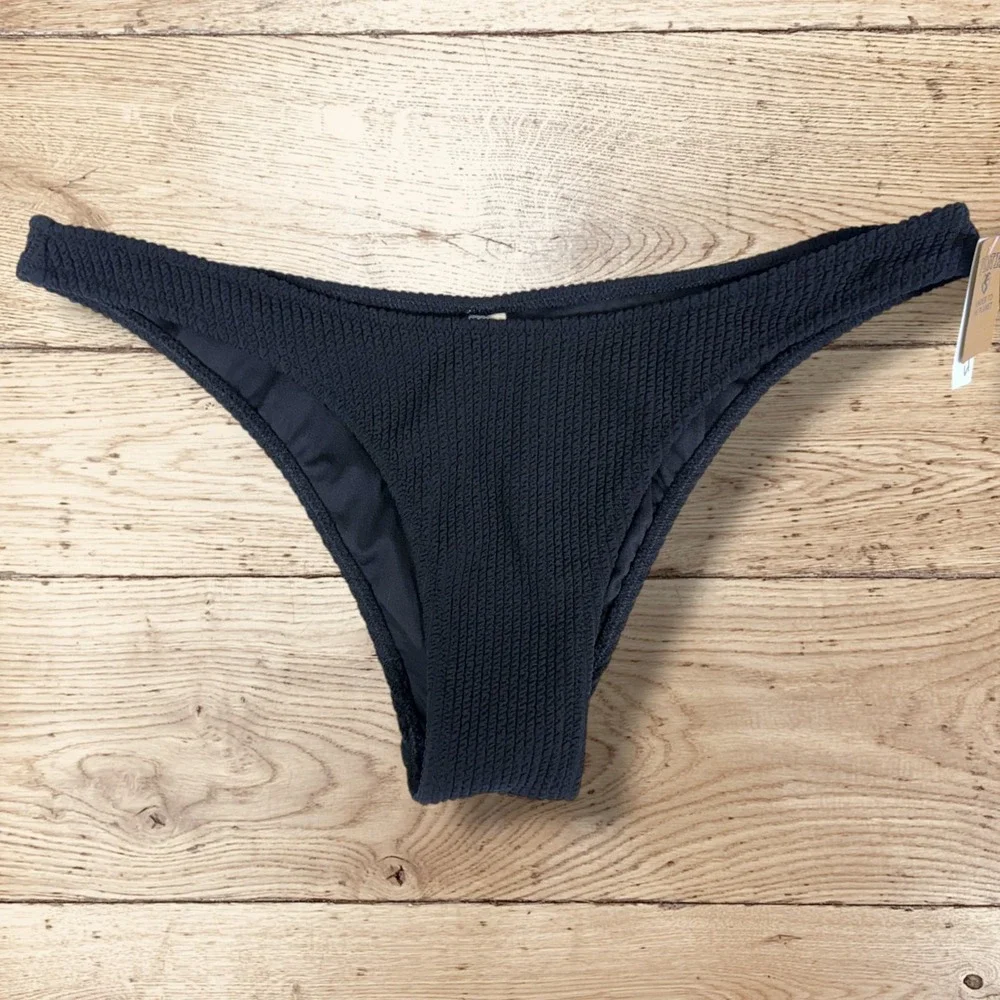 PINK Victoria's Secret Ribbed Deep Cut Brazilian Bikini‎ Bottom NWT Size M Black